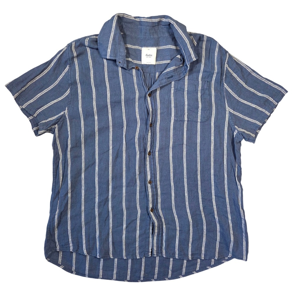 Katin Mens XXL Blue White Striped Cotton Linen Short Sleeve Button Down Shirt
